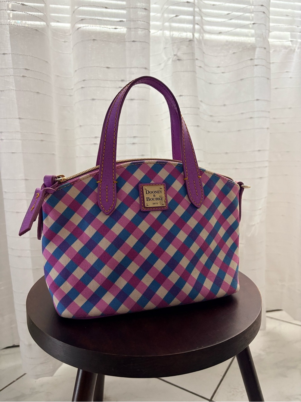 Dooney & Bourke Purple Gingham Top-Handle Purse with Attachable Crossbody Strap